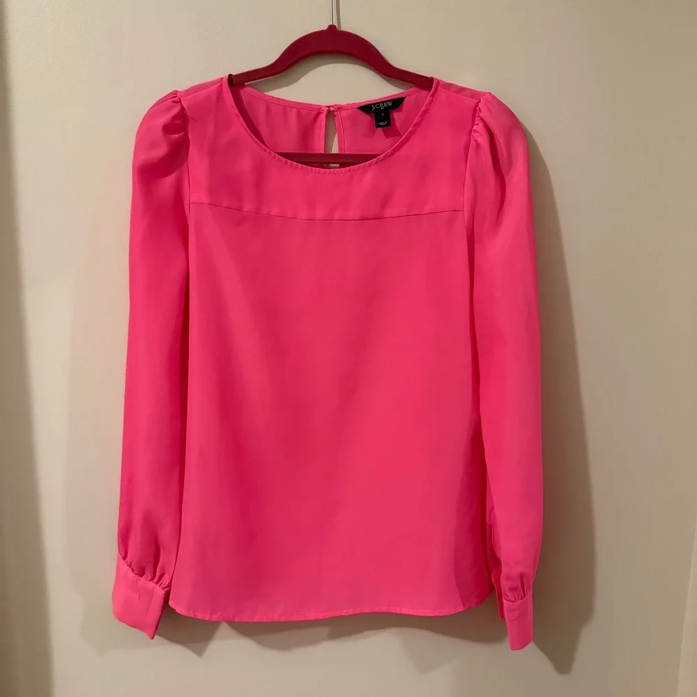 J. Crew Bright Pink Puff Sleeve Keyhole Back Blouse Womens‎ Size S